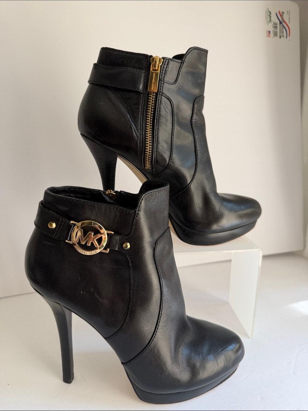 Michael Kors Black Leather Ankle Booties with Gold MK Accent 9